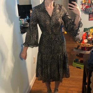 Olivia graye Leopard print shimmer midi dress with bell sleeves